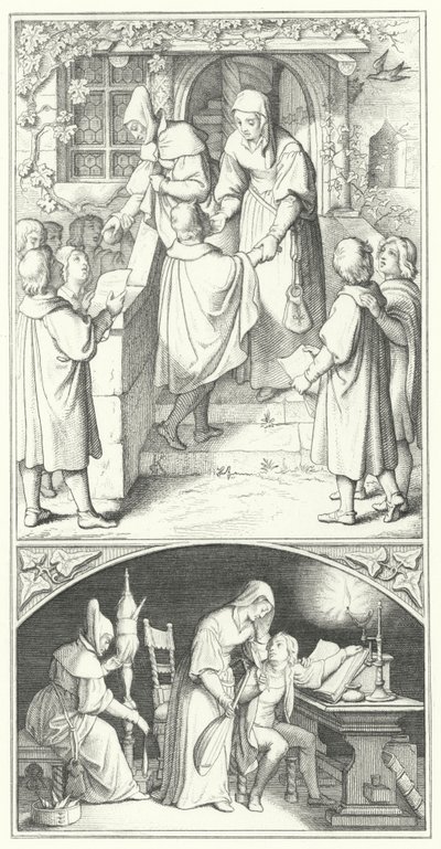 Martin Luther, Eisenach kasabasında şarkı söyleyen genç bir öğrenci olarak (gravür) by Gustav Ferdinand Leopold Konig