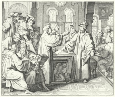 Martin Luther, Huldrych Zwingli ile kutsal töreni tartışırken (gravür) by Gustav Ferdinand Leopold Konig