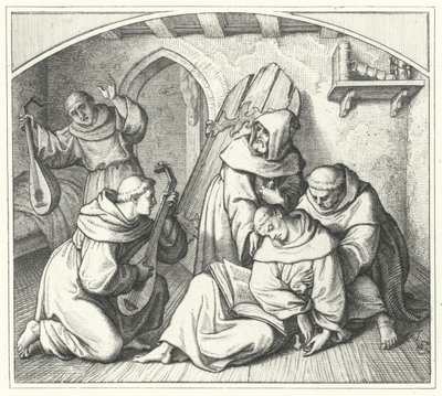 Martin Luther elinde İncille bayılıyor ve arkadaşları onu kendine getiriyor (gravür) by Gustav Ferdinand Leopold Konig
