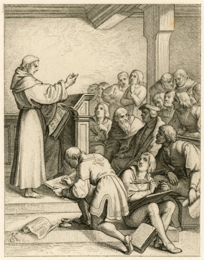 Martin Luther, Wittenberg Üniversitesi'nde, önünde rektör yardımcısı Dr. Pollich ve baba dostu Johann von Staupitz (1460-1524) ders veriyor. by Gustav Ferdinand Leopold Konig