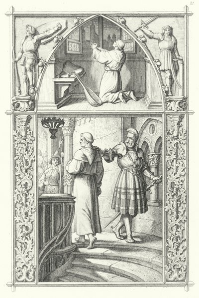 Martin Luther, Solucan Diyetine hazırlanırken dua ederken (üstte). Georg von Frundsberg, Martin Luther