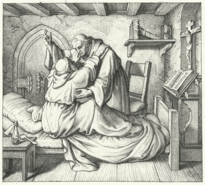 Martin Luther, manastırdaki manevi işkencesi sırasında bir keşiş arkadaşı tarafından teselli edildi (gravür) by Gustav Ferdinand Leopold Konig