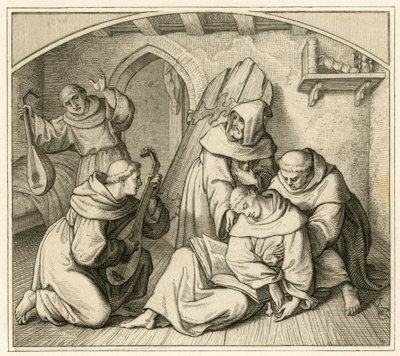 Martin Luther, lavta çalan diğer keşişlerle birlikte manastır hücresinde bilinçsizdir. by Gustav Ferdinand Leopold Konig