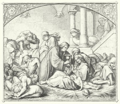 Martin Luther veba hastalarını teselli ediyor (gravür) by Gustav Ferdinand Leopold Konig