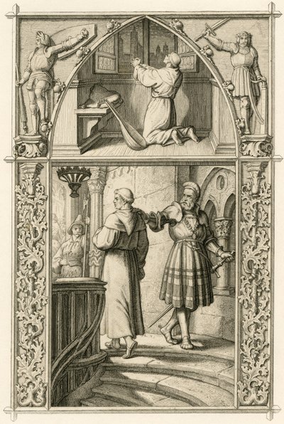 Martin Luther, imparatorla buluşması için dua ederek kendini hazırlar (yukarıdaki resim); ana resim : Luther şövalye George (Georg) von Frundsberg (Jorg von Fronsberg, Freundsbergin) ile buluşuyor by Gustav Ferdinand Leopold Konig