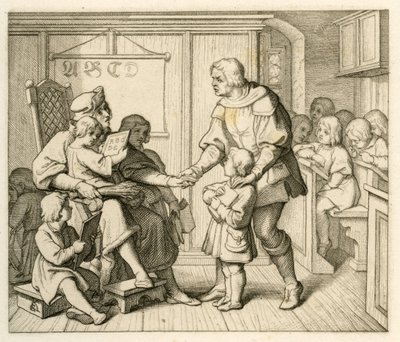 Martin Luther'in Mansfeld'deki okula kaydı, bu çizimde babası Hans ile birlikte by Gustav Ferdinand Leopold Konig