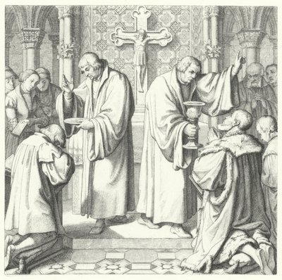 Hem Protestan hem de Katolik formlarda gösterilen Komünyon (gravür) by Gustav Ferdinand Leopold Konig