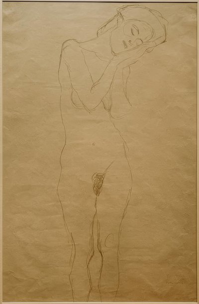 Önden çıplak, eller yanakta by Gustav Klimt