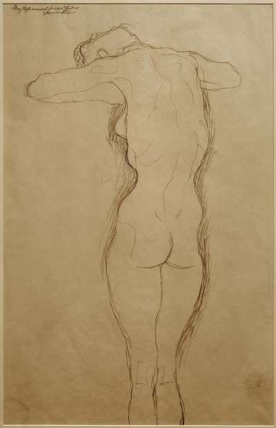 Arkadan çıplak ayakta, kollar yatay olarak bükülmüş (çalışma) by Gustav Klimt