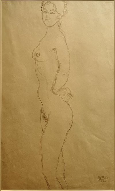 Solda çıplak duran kadın, el ele... by Gustav Klimt