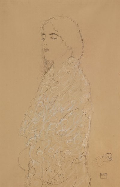 Beyaz Şallı Kadın (kağıt üzerine beyaz ve kırmızı renkli tebeşirli kalem) by Gustav Klimt