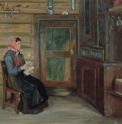 Örgü ören kadın ile çiftçi iç mekanı by Gustav Wentzel