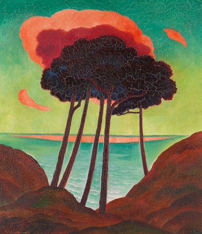 Kırmızı bulutlu çam ağaçları, c. 1909. by Gustav Wunderwald