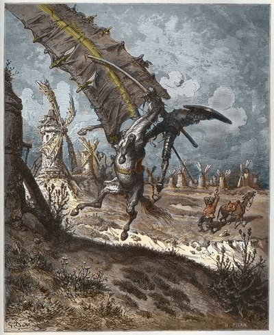Miguel Cervantes (1547-1616) (Don Kişot) tarafından “Don Kişot de la Mancha”dan Don Kişot ve Yel Değirmenleri - Gustave Dore tarafından çizildikten sonra Heliodore Joseph Pisan (1822-90) tarafından oyulmuş by Gustave (after) Dore