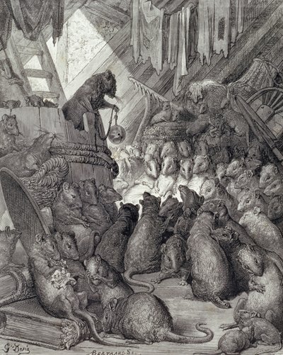 Antoine Valerie Bertrand (d.1823) tarafından oyulmuş La Fontaine Masallarından Fareler Tarafından Düzenlenen Konsey. 1868 (gravür) by Gustave (after) Dore
