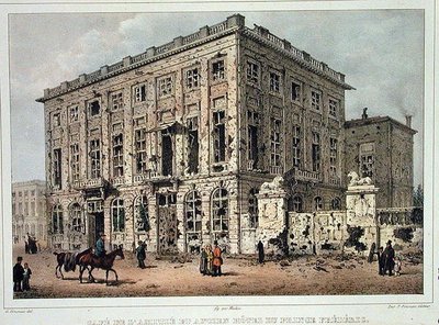Cafe Amitie ve Old Hotel du Prince Frederic, Brüksel, 23-26 Eylül 1830 Savaşından sonra, Jean Baptiste Madou (1796-1877) tarafından oyulmuş (renkli gravür) by Gustave Adolphe (after) Simoneau