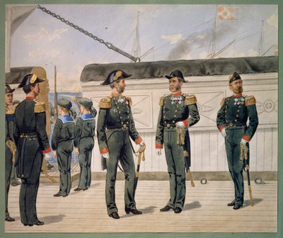 Danimarka Donanması memurları üniformalı. Gustav Brock tarafından suluboya by Gustave Brock