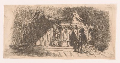 Adam gotik bir mezarın önünde diz çöküyor by Gustave Buschmann