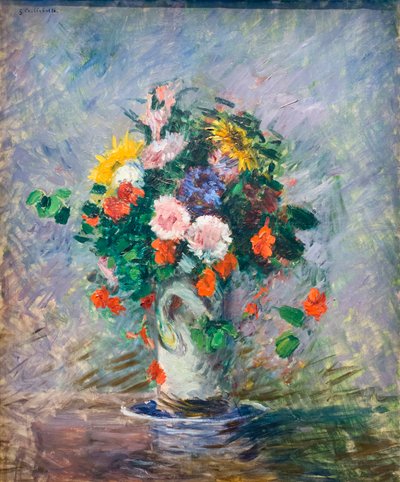 Bir vazoda Çin asterleri, nasturtiums ve ayçiçeği buketi, c. 1887 (tuval üzerine yağlı boya) by Gustave Caillebotte