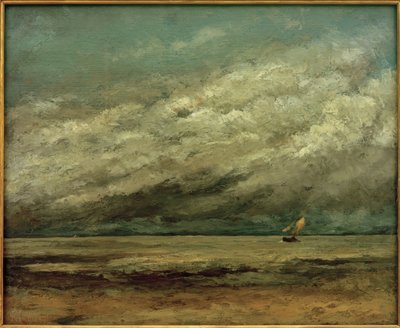 Sahile yakın yelkenli tekne, fırtınalı gökyüzü by Gustave Courbet