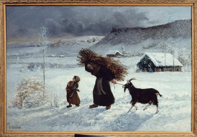 Köy yoksulluğu, Ornans. Bir köylü ve kızı, kışlık erzak olarak ekmek, ranzalar ve bir keçi getirir. Gustave Courbet