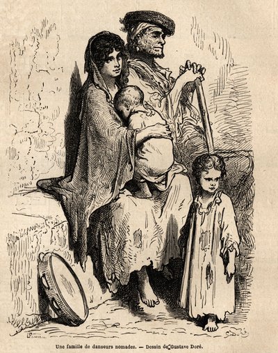 Sevilla sokaklarında dinlenen göçebe dansçılardan oluşan bir aile. Gustave Dore (1832-1883) tarafından canlı olarak çekilen eskiz. 1862