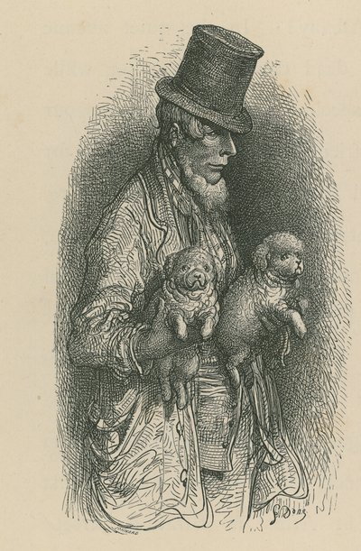 Elinde iki köpek tutarken silindir şapka takan bir adam by Gustave Dore