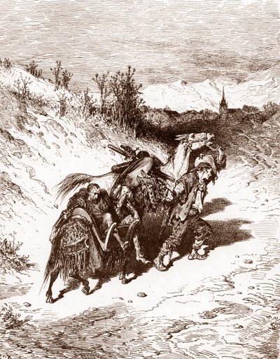 Kendi köyünden bir çiftçi, Miguel de Cervantes'in (1547-1616) “L'Ingenieux Hidalgo Don Quixote de la Manche (Quixote - Quijote)” için Gustave Dore'un (1832-1883) Gravürü Kişot'u eve getiriyor (1547-1616) 1863 Özel koleksiyon by Gustave Dore