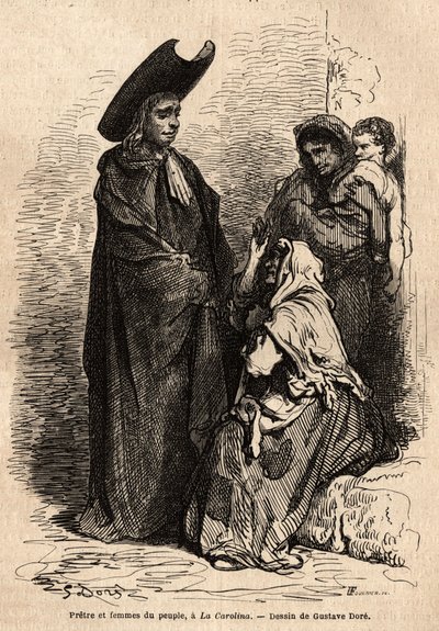 Paçavralar giymiş bir rahip ve halktan bir kadın; profesyonel İspanyol dilenciler, Hıristiyan hayır kurumunu ustaca sömürmek için kiliselerin mahkemelerine yerleştiler. Gustave Dore (1832-1883) tarafından canlı olarak çekilen eskiz. Yolculuğu göstermek içi by Gustave Dore