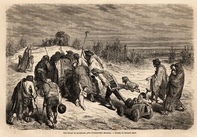 Gerçek bir mucizeler mahkemesi olan bir dilenci ve sakat topluluğu, Almuradiel (Mancha Eyaleti) civarında badem istemek için bir gayrete gidiyor. Gustave Dore