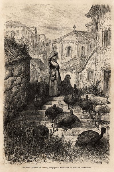Salamanca kırsalında bir köyün sokaklarında bir hindi bekçisi. Gustave Dore
