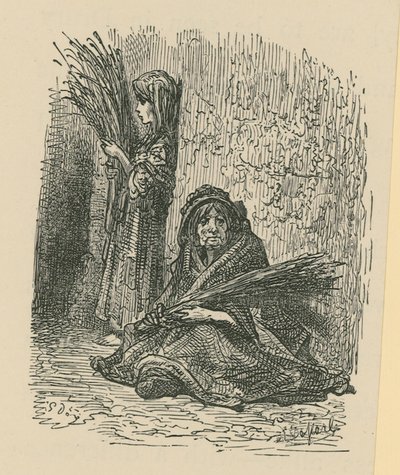 Kuru çiçekler satan bir kadın ve genç bir kız by Gustave Dore