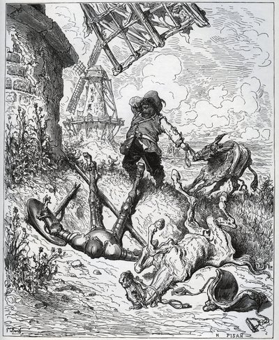 Saldırıdan sonra yel değirmenleri verir - “” Misericorde! “” Sancho - Miguel Cervantes (1547-1616) tarafından “” Don Kişot de la Mancha”dan (Don Kişot) - Gustave Dore tarafından çizildikten sonra gravür by Gustave Dore