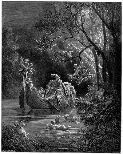 Alcina ve Ruggiero balık tutmaya giden mutlu aşıklar olarak by Gustave Dore