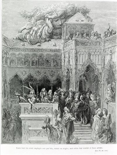 Gargantua'dan (1534) sonra François Rabelais'in (1483 - 1553) tüm yaşamları yasalara, tüzüklere veya kurallara göre değil, iradelerine ve açık iradelerine göre uygulandı. Gustave Dore (1832-1883) tarafından oyulmuş. by Gustave Dore