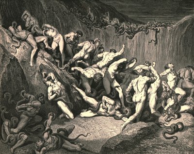 Bu korkunç vahşetin ortasında çıplak ruhlar korkunç bir korkuyla kanat çırpıyordu, c1890. by Gustave Dore