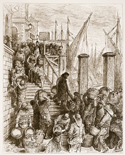 Billingsgate, Landing the Fish, William Blanchard Jerrold (1826-94) tarafından yazılmış ve Hildibrand tarafından oyulmuş, 'London, a Pilgrimage'dan. 1872 by Gustave Dore
