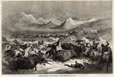 Gustave dore (1832-1883) tarafından çizilen, aynı adı taşıyan nehir kıyısında yaşayan Delaware'ler arasında bufalo avı, Mississippi'nin 1853-54'te Baudouin Mollhausen (1825- 1905). gravür by Gustave Dore