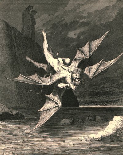 Ama diğeri çakır kuşu olduğunu kanıtladı... ve kaynayan göle her ikisi de düştü, c1890. by Gustave Dore