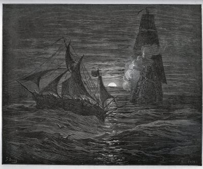 Tutsak hikayesi. İspanyol Kaçış Teknesi, Miguel Cervantes (1547-1616) (Don Kişot) tarafından “” Don Kişot de la Mancha”dan bir Fransız Gemisinin Saldırısı - Gustave Dore tarafından çizildikten sonra gravür by Gustave Dore