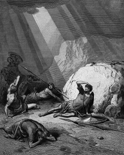 Şam yolunda St Paul'un dönüşümü. Elçilerin İşleri 9. Gustave Dore İncilinden 1865-1866. Ahşap oyma. Tanrı'nın gücü bir ışık demeti olarak tasvir edilmiştir. by Gustave Dore