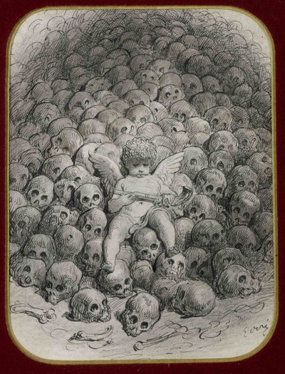 ""Aşk tanrısı, kafataslarından oluşan bir dağa oturmuş tabancayla silahlanmış"" (Kafatası Dağının Tepesinde Tabancalı Aşk Tanrısı) Gustave Dore (1832-1883) Özel koleksiyon by Gustave Dore