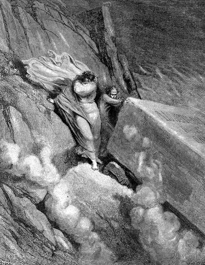 Dante ve Virgil, pis bir kokunun yükseldiği uçurumun kenarında, 1863 by Gustave Dore