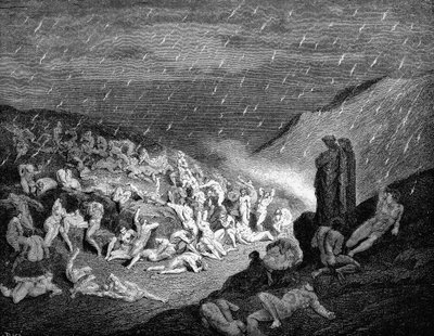 Dante ve Virgil cehennemde işkence gören ruhlara tepeden bakıyor, 1863 by Gustave Dore