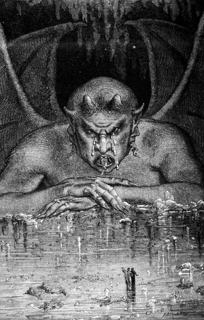 Dante ve Virgil, Dante Alighieri'nin (1265 - 1321) İlahi Komedya'sında enfell'i geçer: Şeytan dansları yutar. Gustave Doré'nin gravürü. 19. yüzyıl. by Gustave Dore