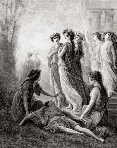 Daphnis et Alcimadure, 19. yüzyılın sonlarında Fables de La Fontaine baskısından (ahşap gravür) by Gustave Dore