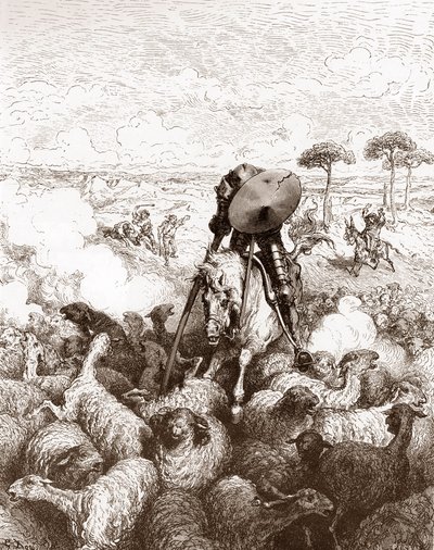 Don Kişot koyun sürüsüne saldırıyor Miguel de Cervantes'in "The Ingenieux Hidalgo Don Quixote de la Mancha (Quixotte - Quixote)" için Gustave Dore'un (1832-1883) gravürü (1547-1616) 1863 Özel koleksiyon by Gustave Dore