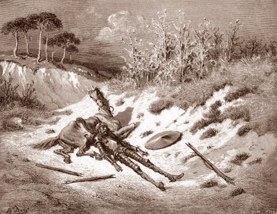 Don Kişot Dayak yedikten sonra Kişot ideal hanımı Dulcinea del Toboso'yu çağırır. "The Ingenieux Hidalgo Don Quixote de la Mancha (Quixotte - Quijote)", Miguel, Cervantes (1547-1616) için Gustave Dore'un (1832-1883) gravürü (1547-1616) 18 by Gustave Dore