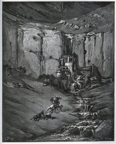 Don Kişot ve Sancho Panza, endişelerine neyin sebep olduğunu keşfettiler, bir şelale ve bir değirmen bir foulon - Miguel Cervantes
