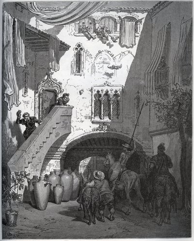 Don Diego de Miranda tarafından evde davet edilen Don Kişot ve Sancho Panza, beyefendinin karısı ve oğlu tarafından karşılanır - Miguel Cervantes